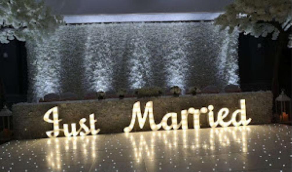 just married flower wall and blossoms led lights hire london